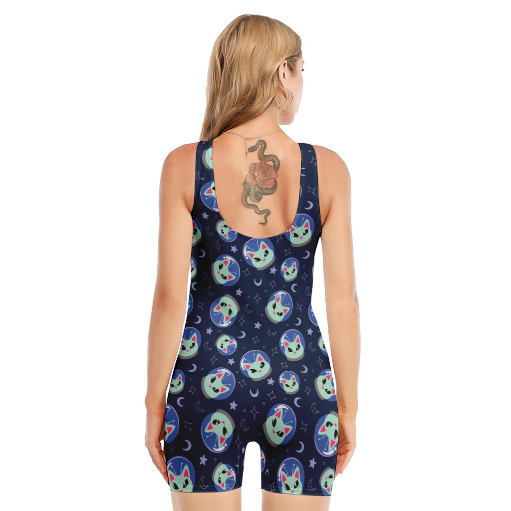 Astronaut Alien Cat Print Sleeveless One Piece Swimsuit