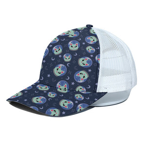 Astronaut Alien Cat Print White Mesh Trucker Cap