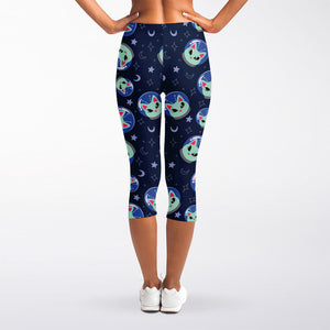 Astronaut Alien Cat Print Women's Capri Leggings