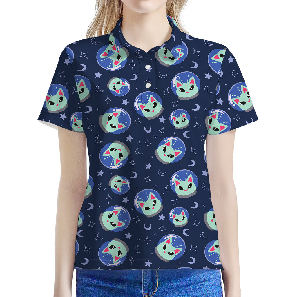 Astronaut Alien Cat Print Women's Polo Shirt