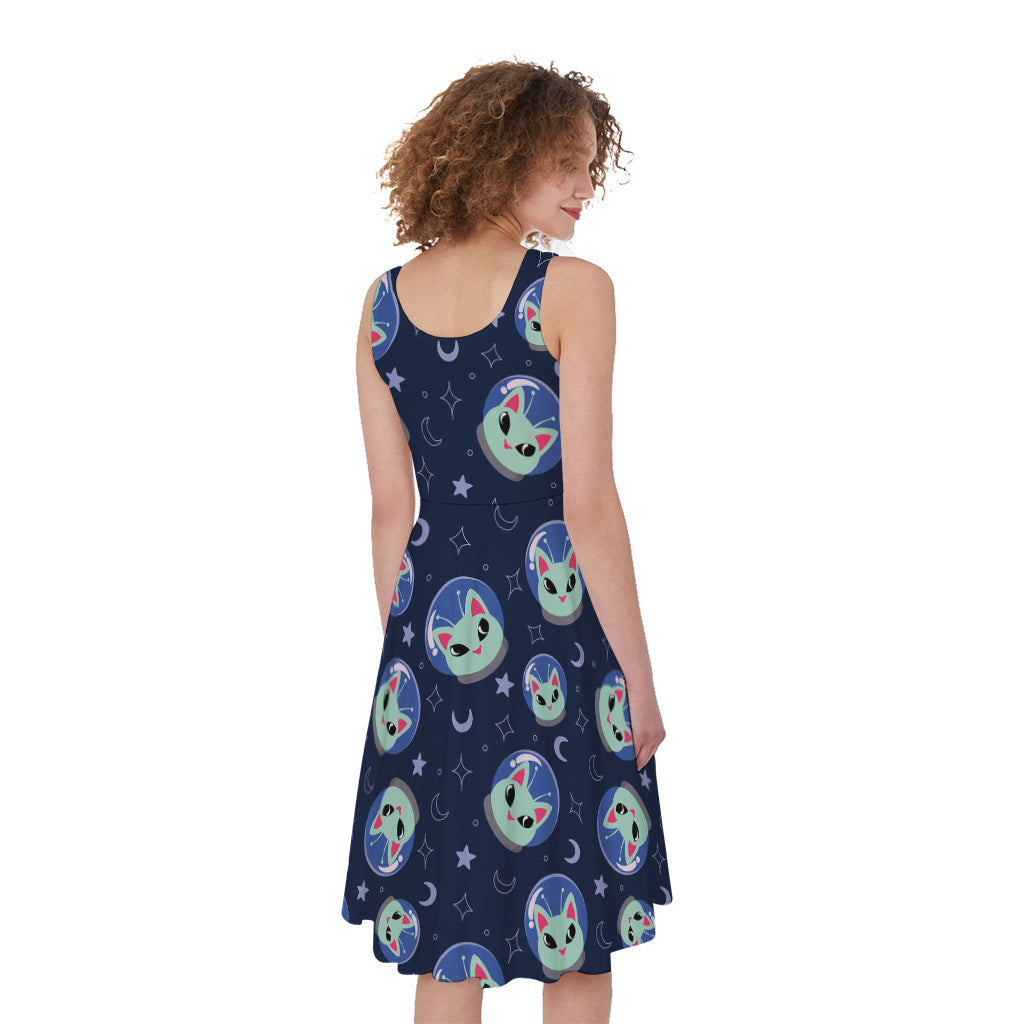 Astronaut Alien Cat Print Women's Sleeveless Dress