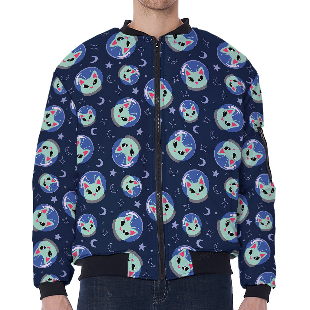 Astronaut Alien Cat Print Zip Sleeve Bomber Jacket