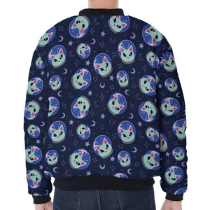 Astronaut Alien Cat Print Zip Sleeve Bomber Jacket