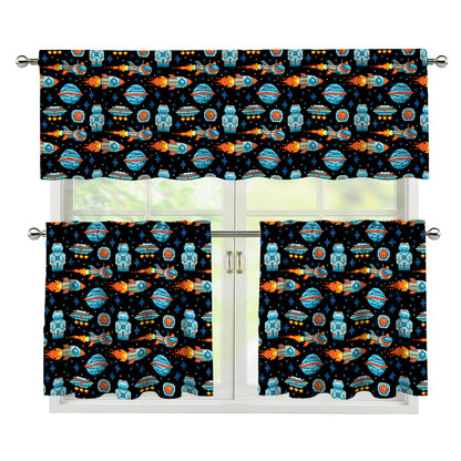 Astronaut And Space Pixel Pattern Print 3 Piece Kitchen Curtains