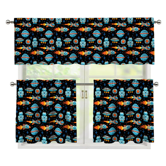 Astronaut And Space Pixel Pattern Print 3 Piece Kitchen Curtains