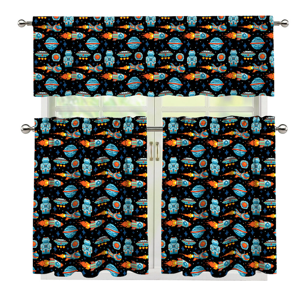 Astronaut And Space Pixel Pattern Print 3 Piece Kitchen Curtains