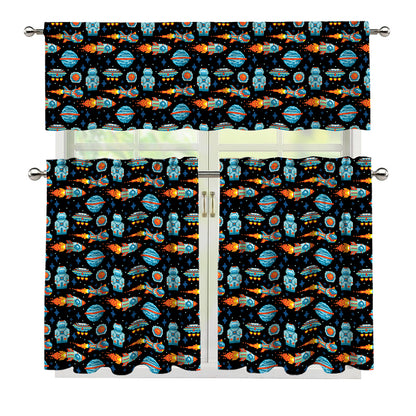 Astronaut And Space Pixel Pattern Print 3 Piece Kitchen Curtains