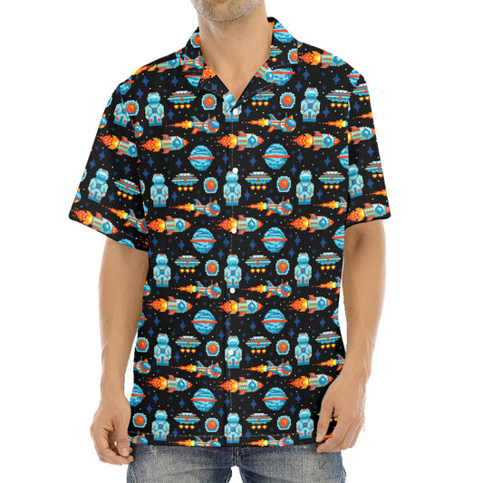 Astronaut And Space Pixel Pattern Print Aloha Shirt