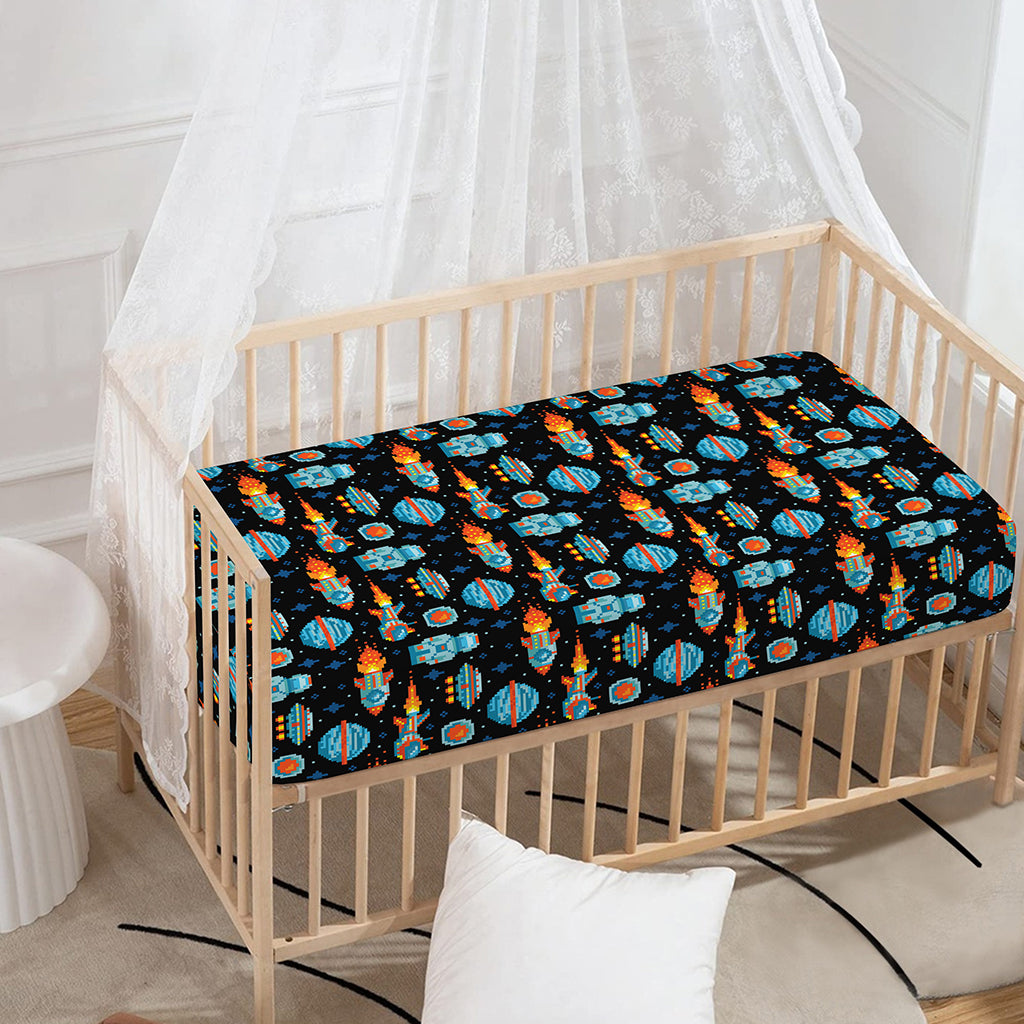 Astronaut And Space Pixel Pattern Print Baby Crib Sheet