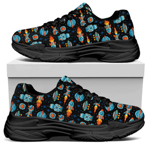 Astronaut And Space Pixel Pattern Print Black Chunky Shoes