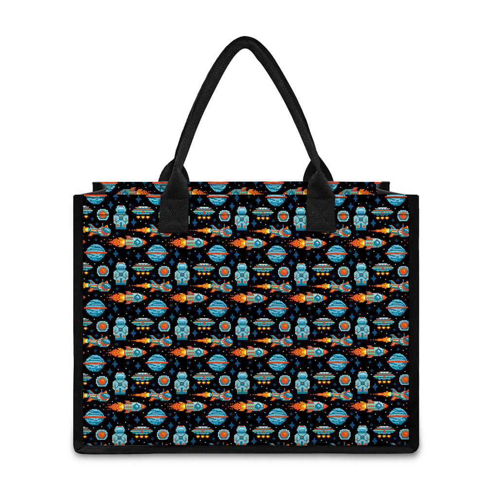 Astronaut And Space Pixel Pattern Print Canvas Tote Bag