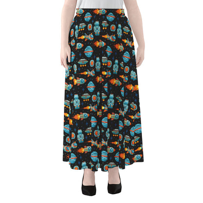 Astronaut And Space Pixel Pattern Print Chiffon Maxi Skirt