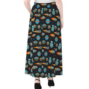 Astronaut And Space Pixel Pattern Print Chiffon Maxi Skirt