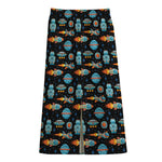 Astronaut And Space Pixel Pattern Print Cotton Front Slit Maxi Skirt