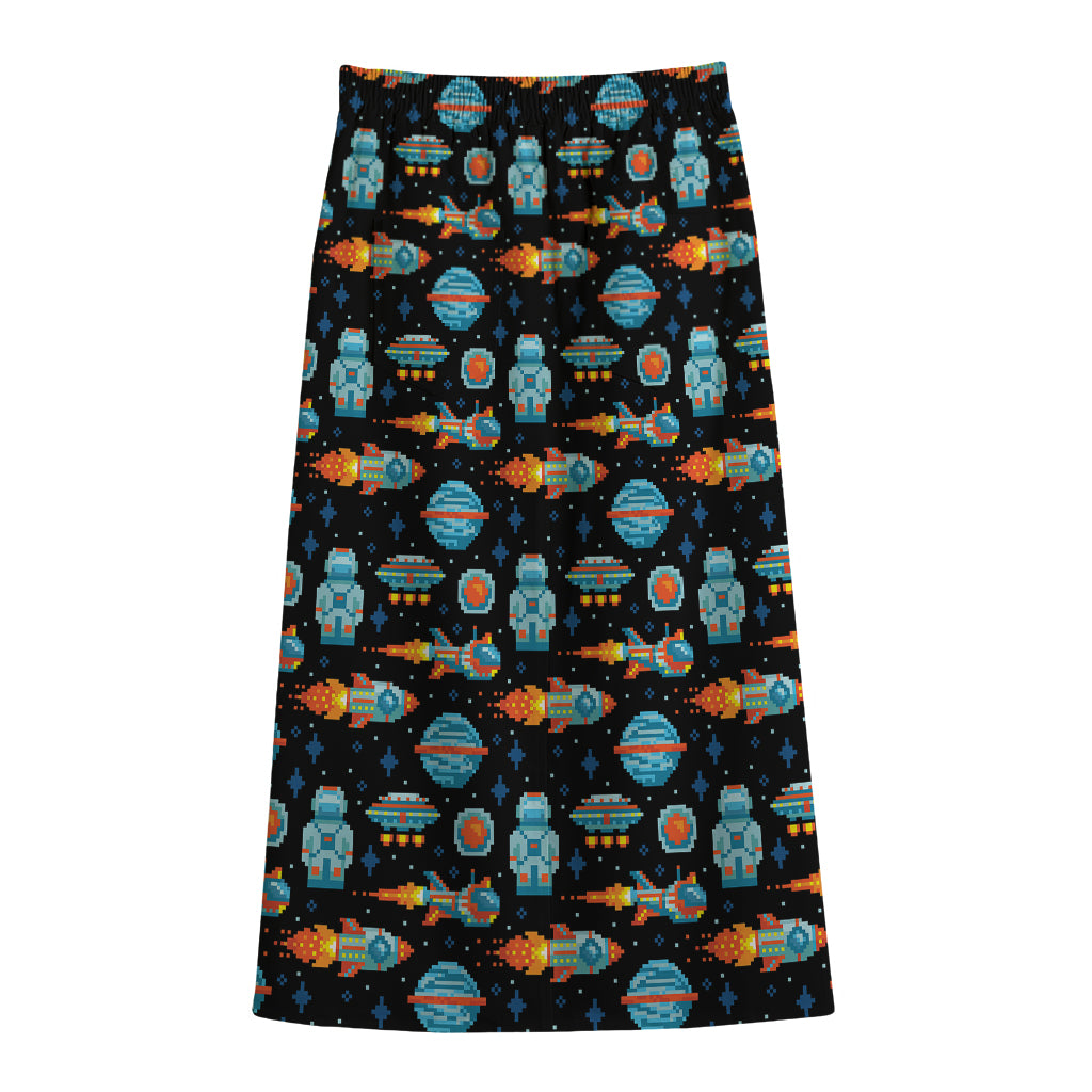 Astronaut And Space Pixel Pattern Print Cotton Front Slit Maxi Skirt