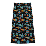 Astronaut And Space Pixel Pattern Print Cotton Front Slit Maxi Skirt