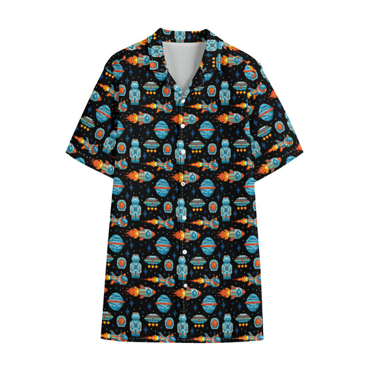 Astronaut And Space Pixel Pattern Print Cotton Hawaiian Shirt
