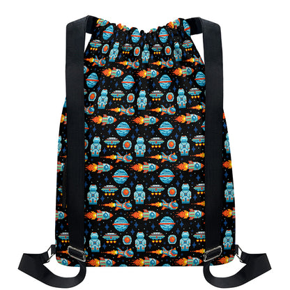 Astronaut And Space Pixel Pattern Print Drawstring Backpack
