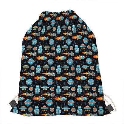 Astronaut And Space Pixel Pattern Print Drawstring Bag