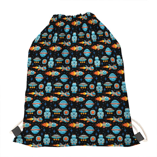 Astronaut And Space Pixel Pattern Print Drawstring Bag
