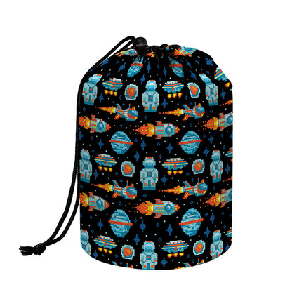 Astronaut And Space Pixel Pattern Print Drawstring Makeup Bag