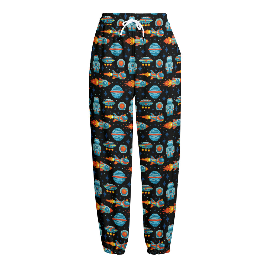 Astronaut And Space Pixel Pattern Print Fleece Lined Knit Pants