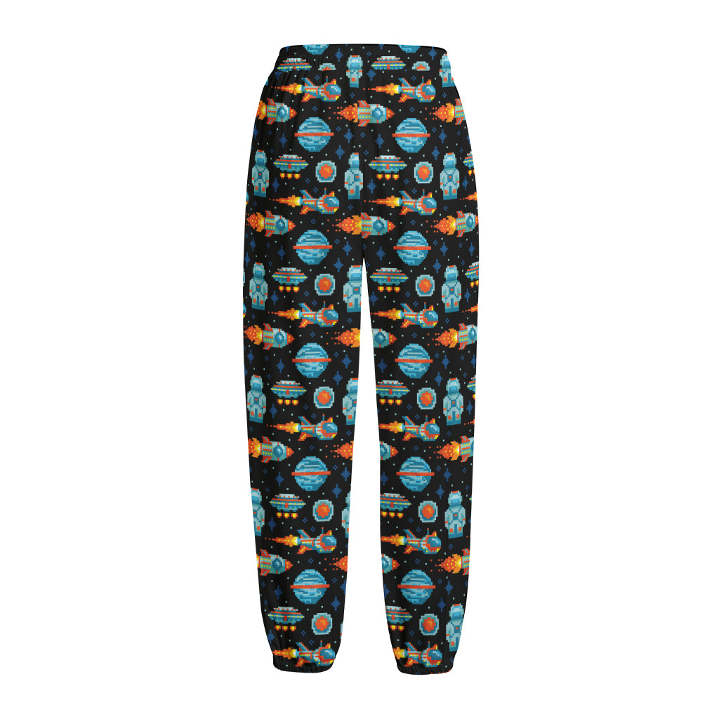 Astronaut And Space Pixel Pattern Print Fleece Lined Knit Pants