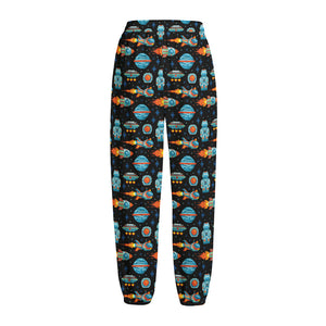 Astronaut And Space Pixel Pattern Print Fleece Lined Knit Pants