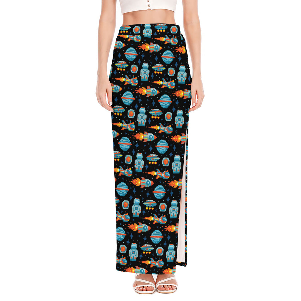 Astronaut And Space Pixel Pattern Print High Slit Maxi Skirt