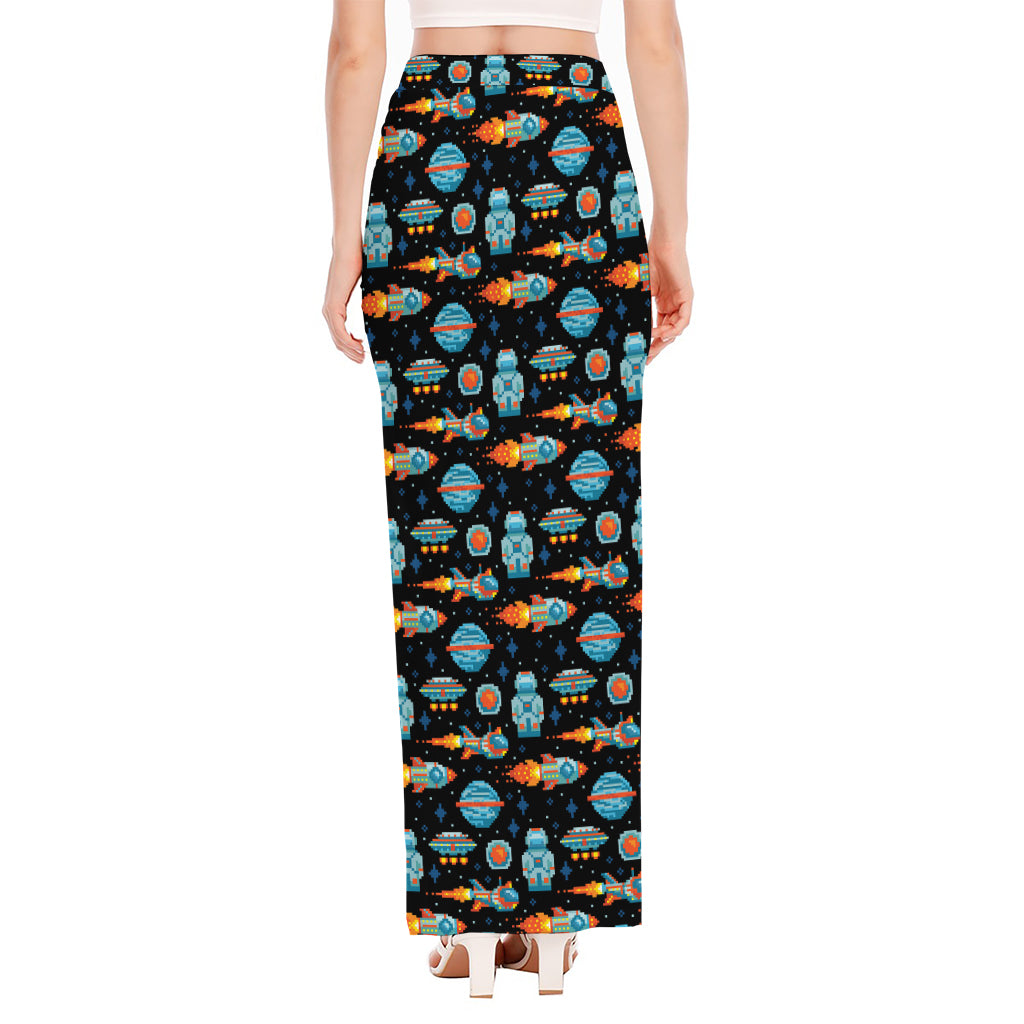 Astronaut And Space Pixel Pattern Print High Slit Maxi Skirt