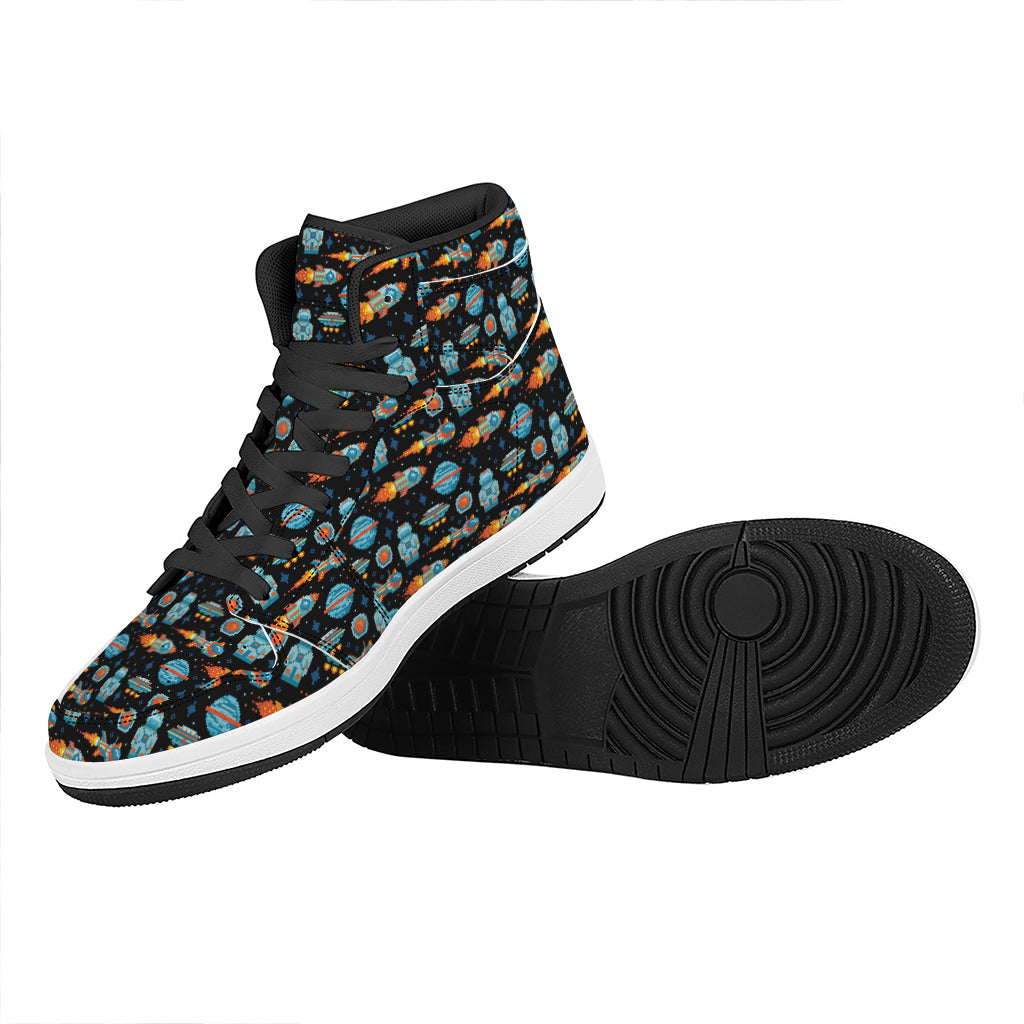 Astronaut And Space Pixel Pattern Print High Top Leather Sneakers