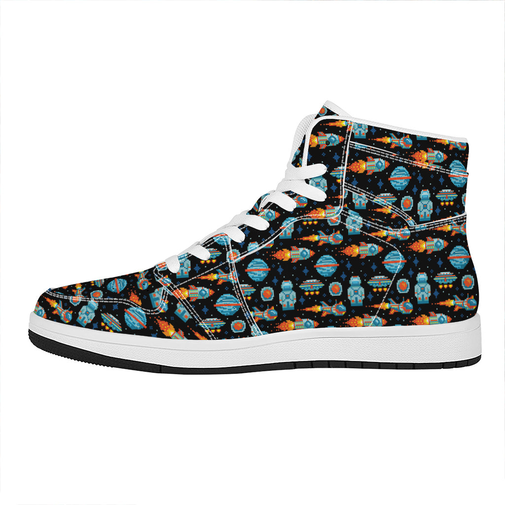 Astronaut And Space Pixel Pattern Print High Top Leather Sneakers