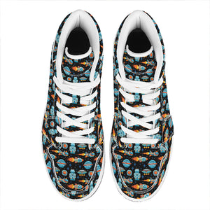 Astronaut And Space Pixel Pattern Print High Top Leather Sneakers