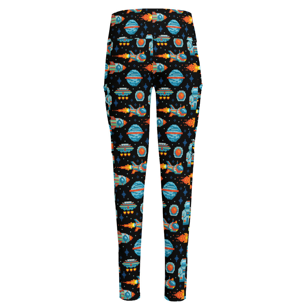 Astronaut And Space Pixel Pattern Print High-Waisted Pocket Leggings