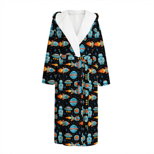 Astronaut And Space Pixel Pattern Print Hooded Bathrobe