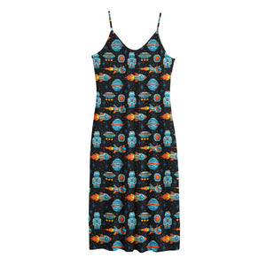 Astronaut And Space Pixel Pattern Print Jersey Midi Cami Dress