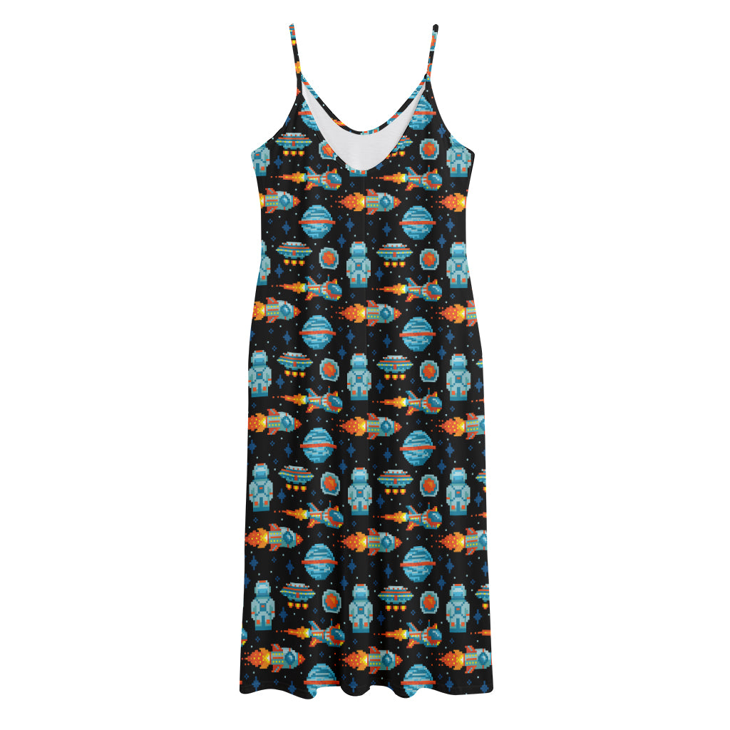 Astronaut And Space Pixel Pattern Print Jersey Midi Cami Dress