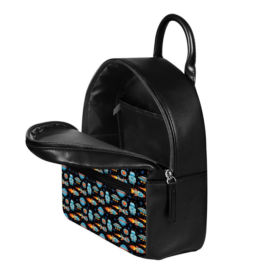 Astronaut And Space Pixel Pattern Print Leather Backpack