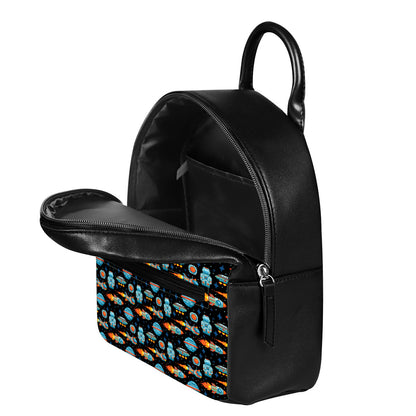 Astronaut And Space Pixel Pattern Print Leather Backpack