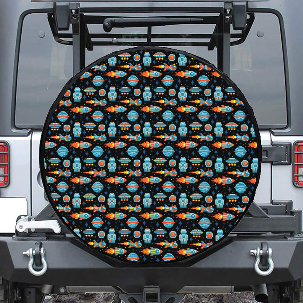 Astronaut And Space Pixel Pattern Print Leather Spare Tire Cover