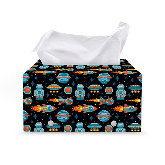 Astronaut And Space Pixel Pattern Print Leather Tissue Box Cover