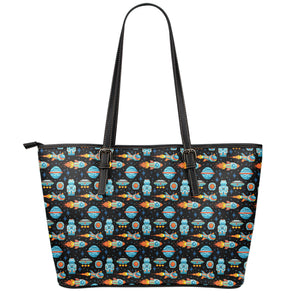 Astronaut And Space Pixel Pattern Print Leather Tote Bag