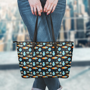 Astronaut And Space Pixel Pattern Print Leather Tote Bag