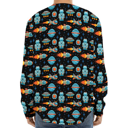 Astronaut And Space Pixel Pattern Print Long Sleeve Baseball Jersey