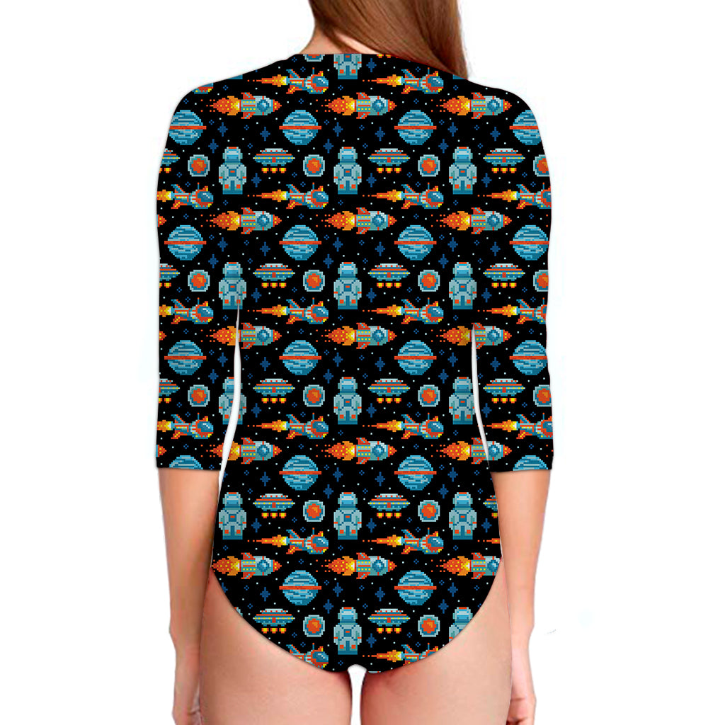 Astronaut And Space Pixel Pattern Print Long Sleeve Swimsuit
