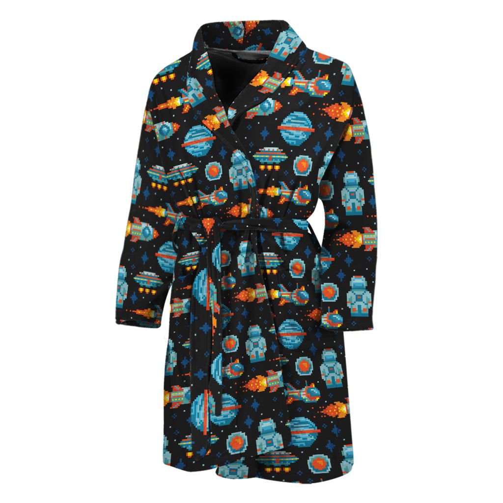 Astronaut And Space Pixel Pattern Print Men's Bathrobe