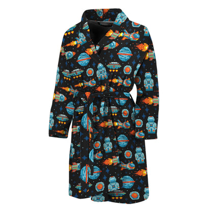 Astronaut And Space Pixel Pattern Print Men's Bathrobe