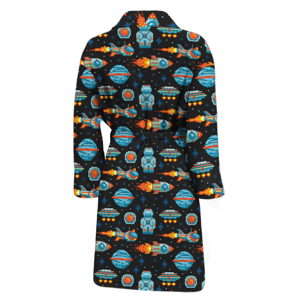 Astronaut And Space Pixel Pattern Print Men's Bathrobe