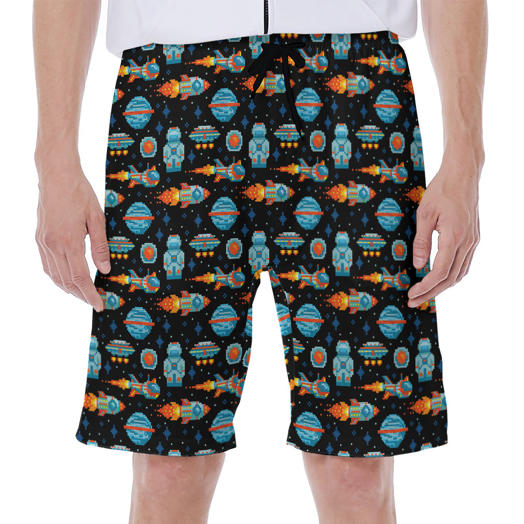 Astronaut And Space Pixel Pattern Print Men's Beach Shorts