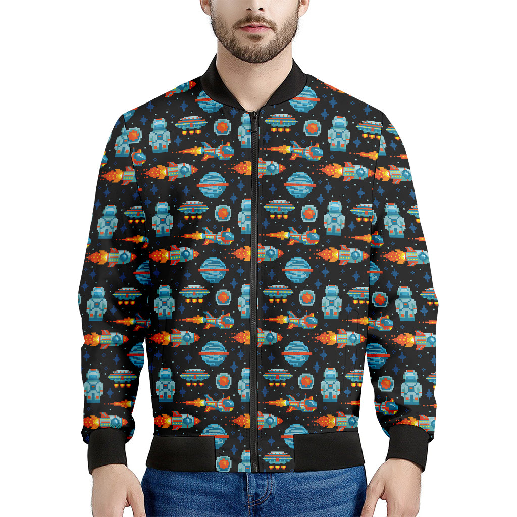 Astronaut And Space Pixel Pattern Print Men's Bomber Jacket